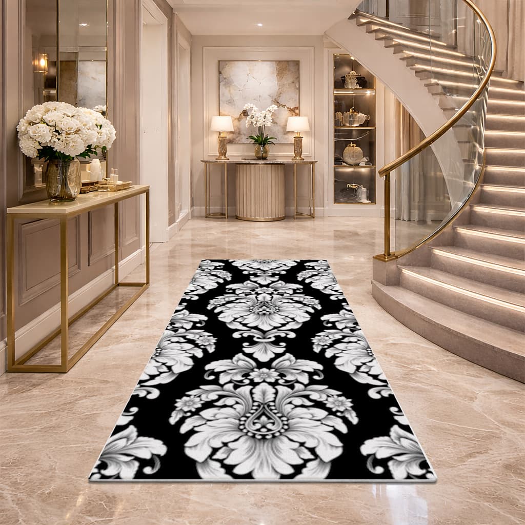 Elegant Black and White Damask Seamless Pattern Hallway & Entryway Rug