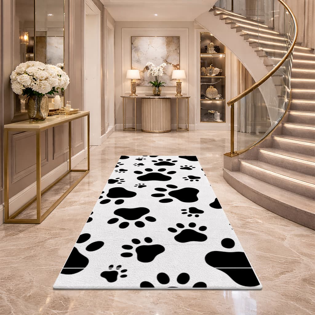Black and White Paw Pattern Design Hallway & Entryway Rug