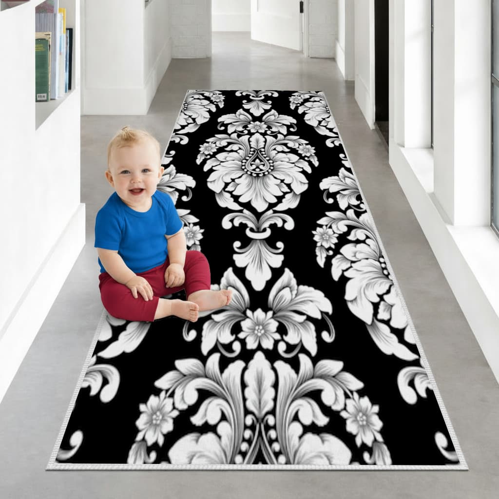 Elegant Black and White Damask Seamless Pattern Hallway & Entryway Rug