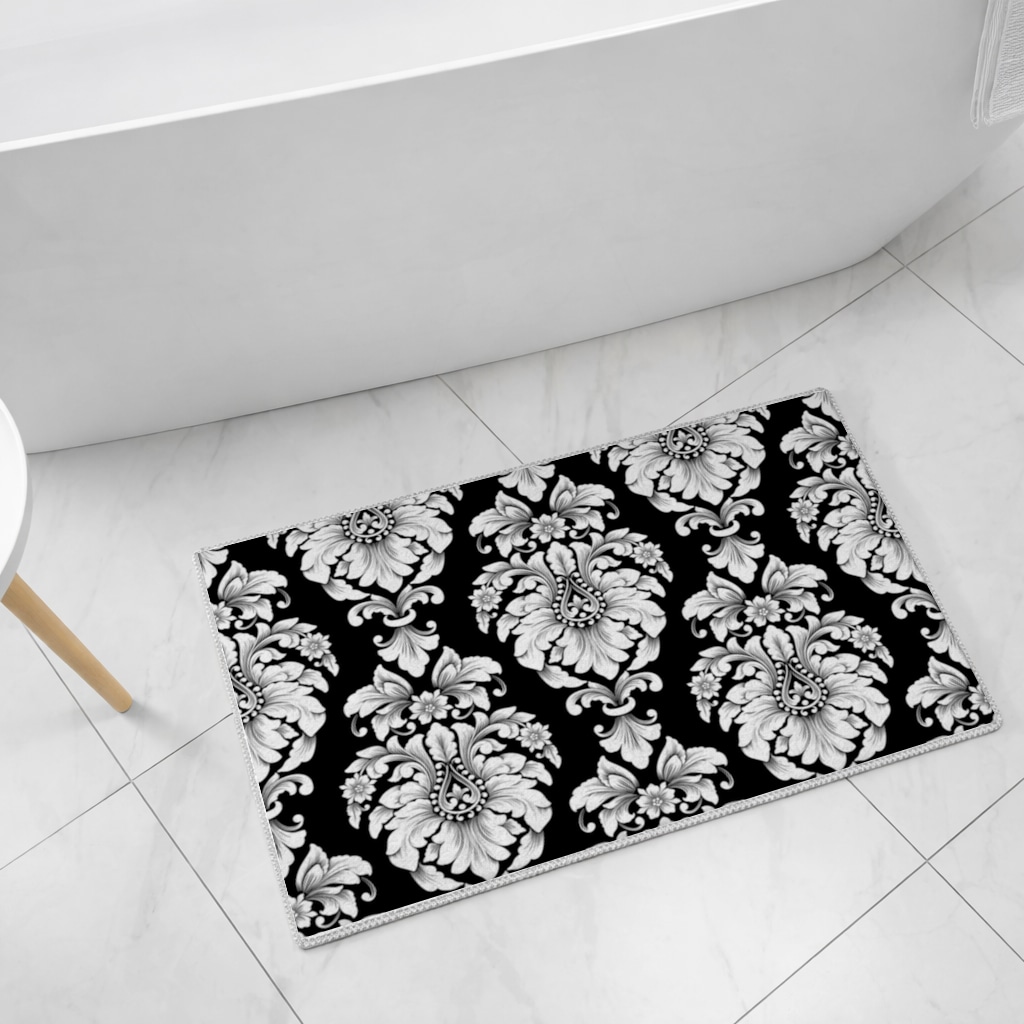 Elegant Black and White Damask Seamless Pattern Bath Mat Görünüm 1