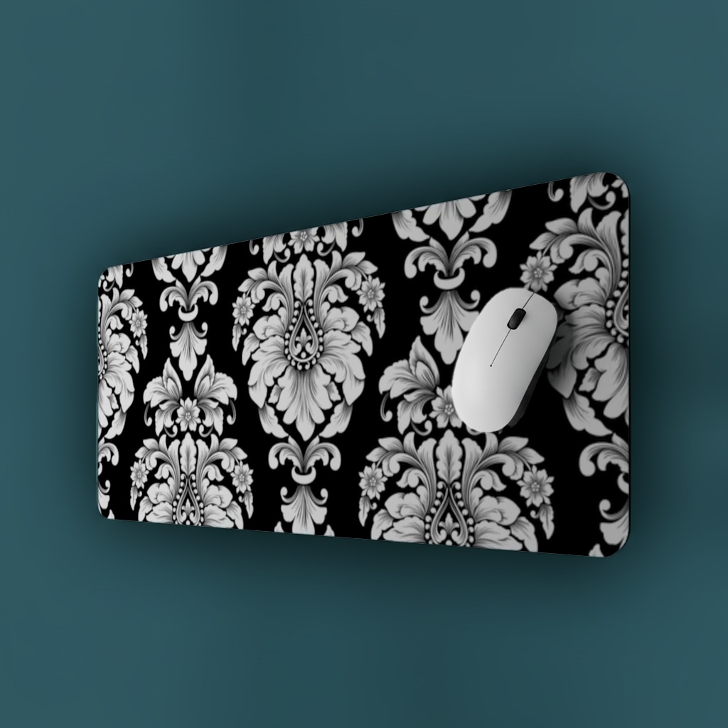 Elegant Black and White Damask Seamless Pattern Mouse Pad Görünüm 2