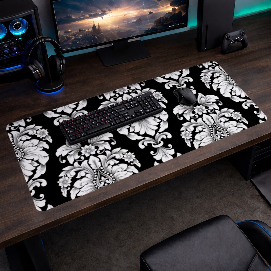 Elegant Black and White Damask Seamless Pattern Mouse Pad Görünüm 1