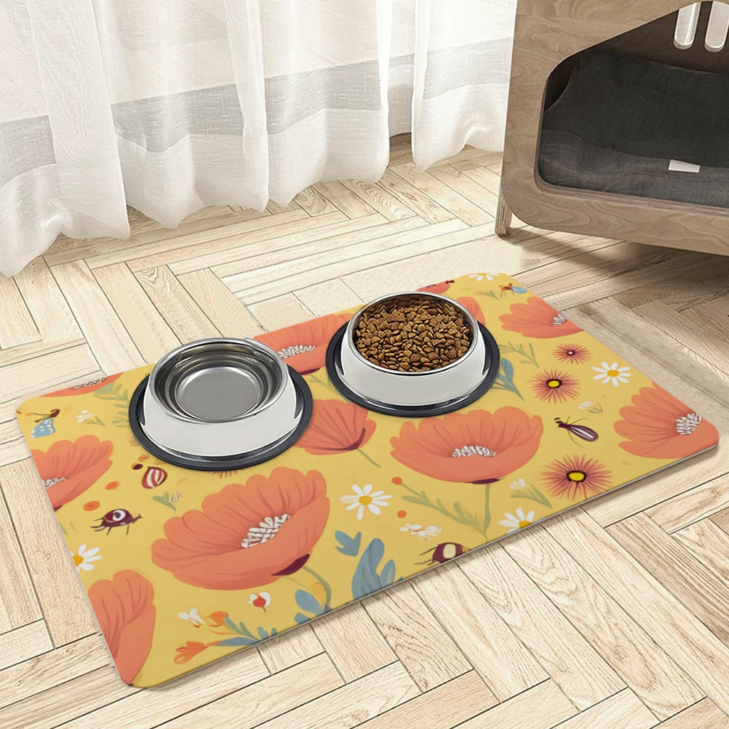 Floral  Insect Pattern  Colorful Design Pet Feeding Mat Görünüm 2