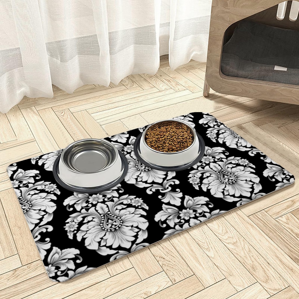 Elegant Black and White Damask Seamless Pattern Pet Feeding Mat Görünüm 2