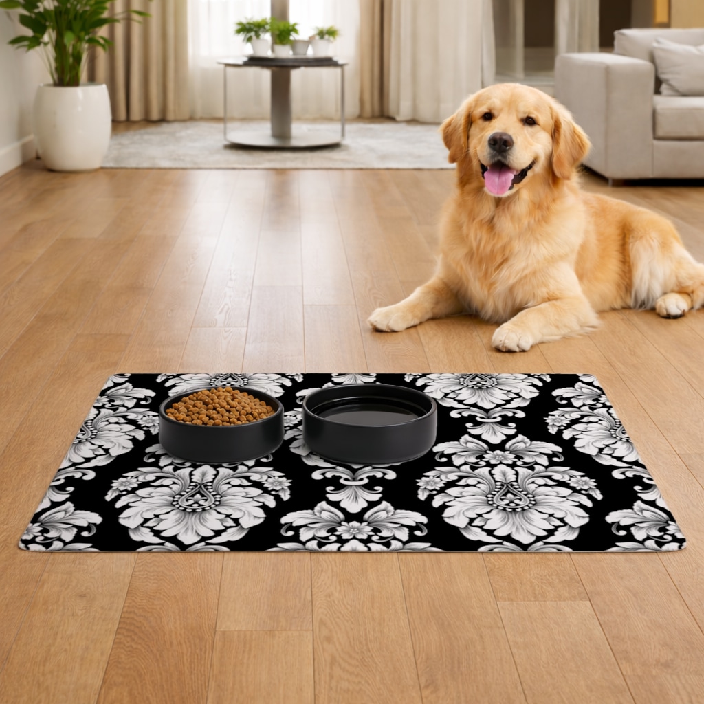 Elegant Black and White Damask Seamless Pattern Pet Feeding Mat Görünüm 3