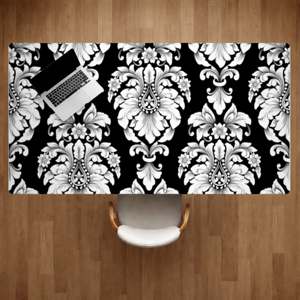 Elegant Black and White Damask Seamless Pattern Desk Pad Görünüm 2