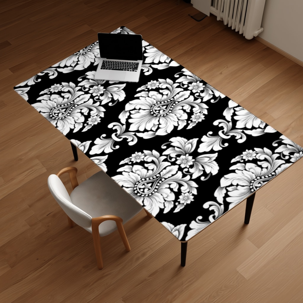 Elegant Black and White Damask Seamless Pattern Desk Pad Görünüm 1