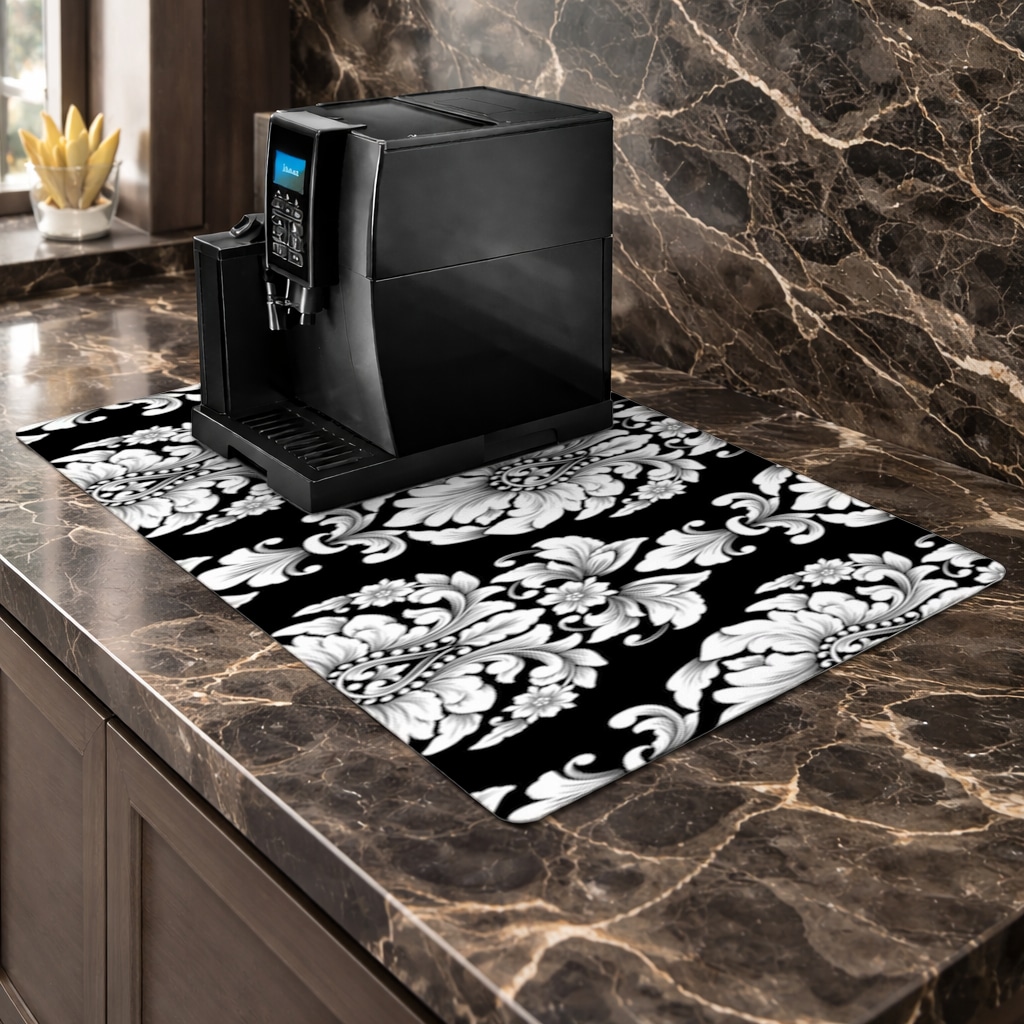 Elegant Black and White Damask Seamless Pattern Coffee Mat Görünüm 2