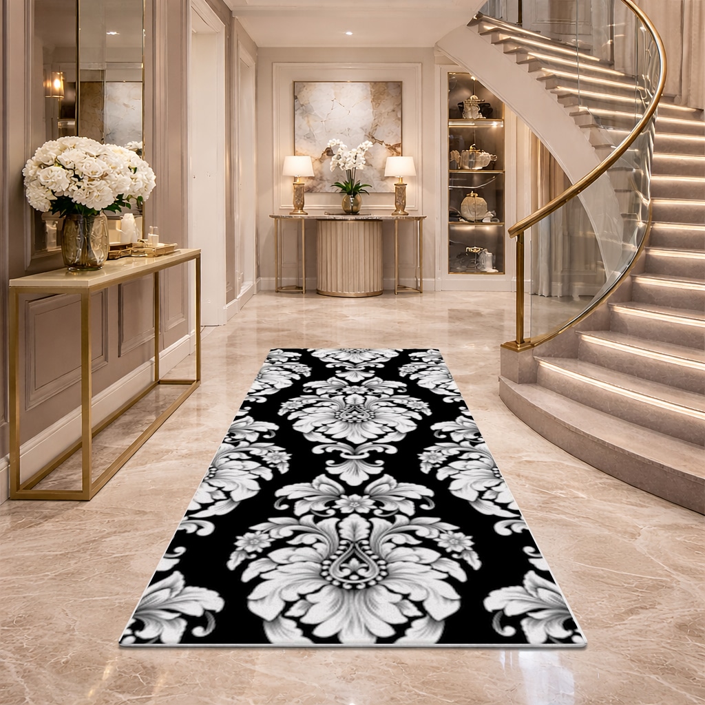 Elegant Black and White Damask Seamless Pattern Hallway & Entryway Rug Görünüm 1
