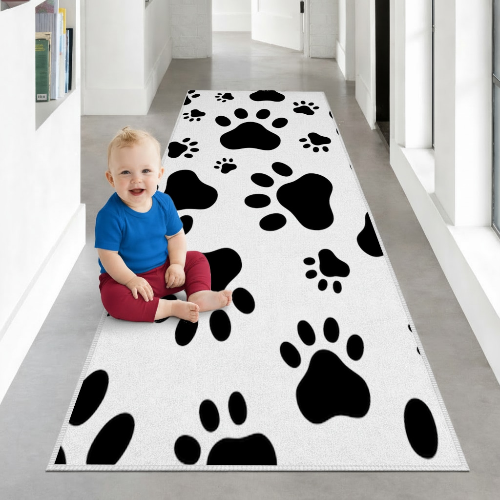 Black and White Paw Pattern Design Hallway & Entryway Rug Görünüm 1