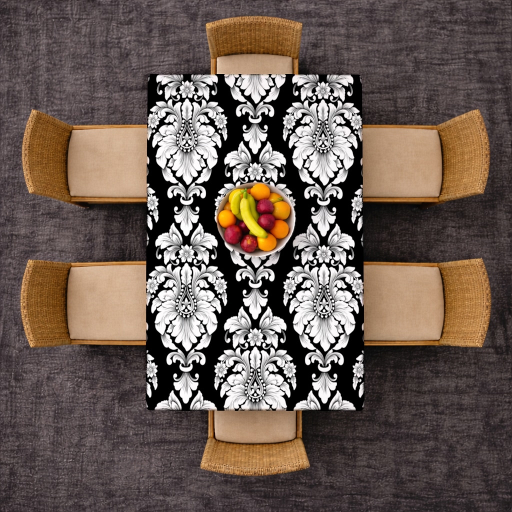Elegant Black and White Damask Seamless Pattern Rectangular Tablecloth Görünüm 1