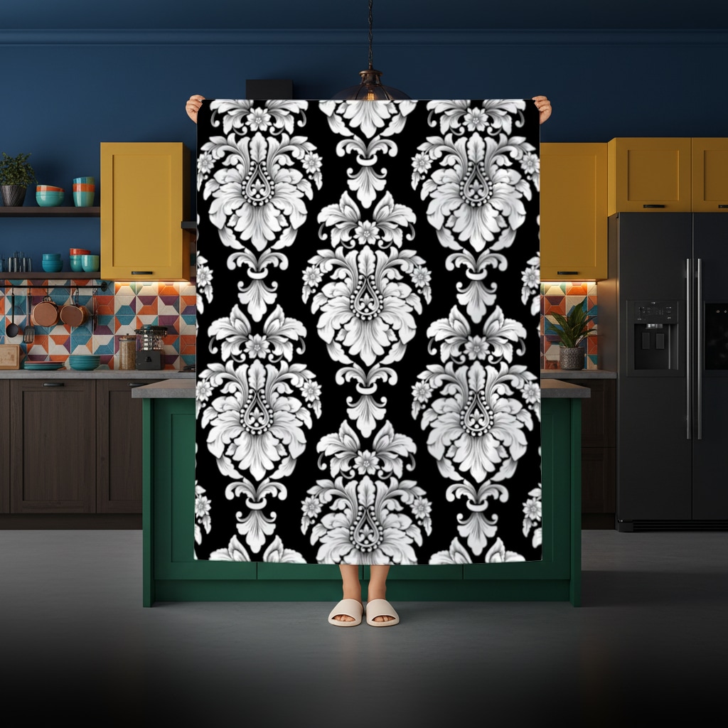 Elegant Black and White Damask Seamless Pattern Rectangular Tablecloth Görünüm 2