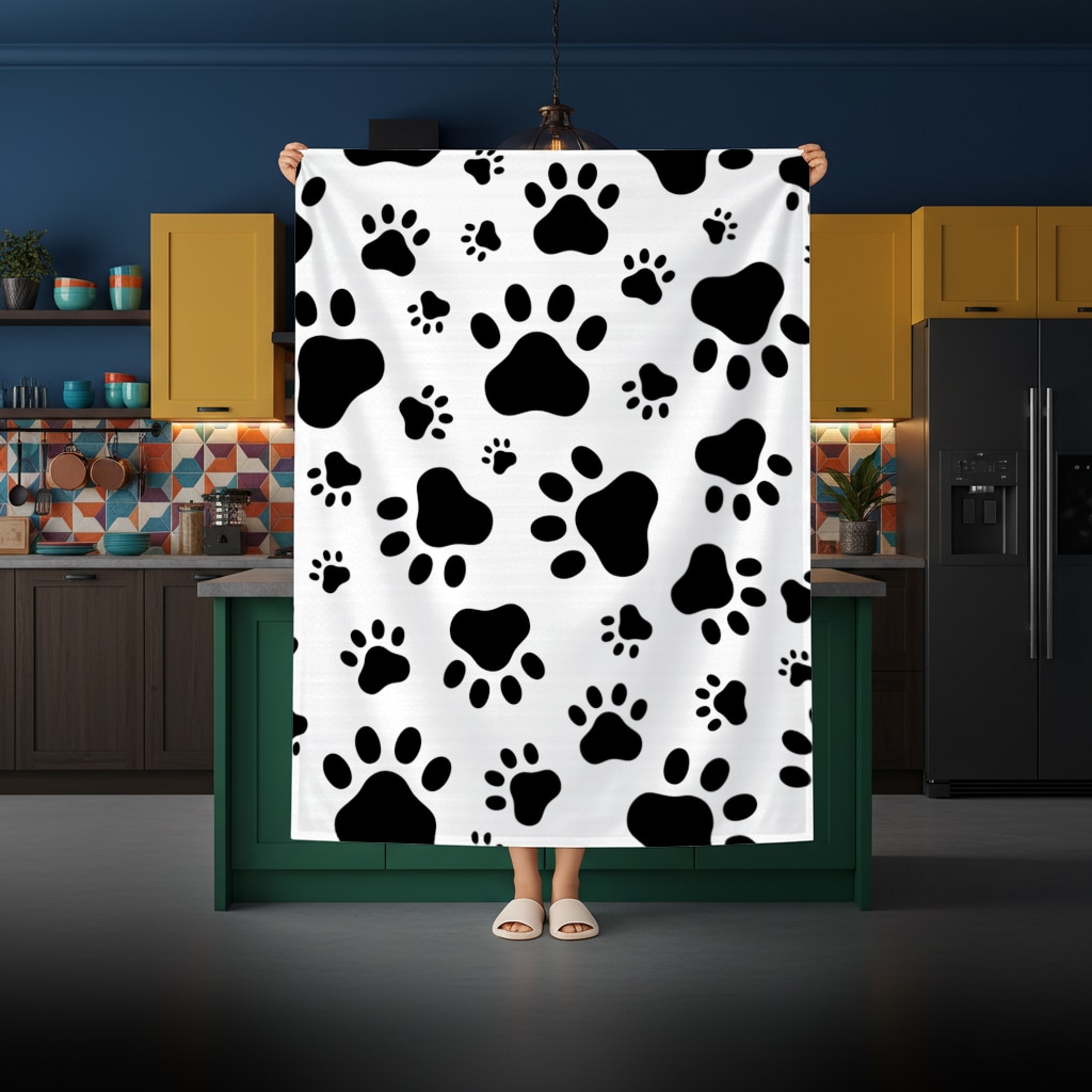 Black and White Paw Pattern Design Rectangular Tablecloth Görünüm 1