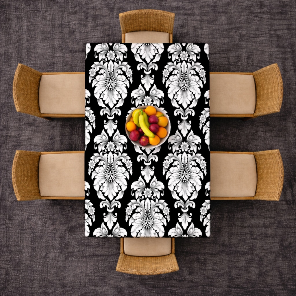 Elegant Black and White Damask Seamless Pattern Rectangular Tablecloth Görünüm 2