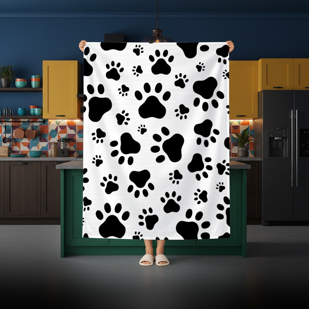 Black and White Paw Pattern Design Rectangular Tablecloth Görünüm 2