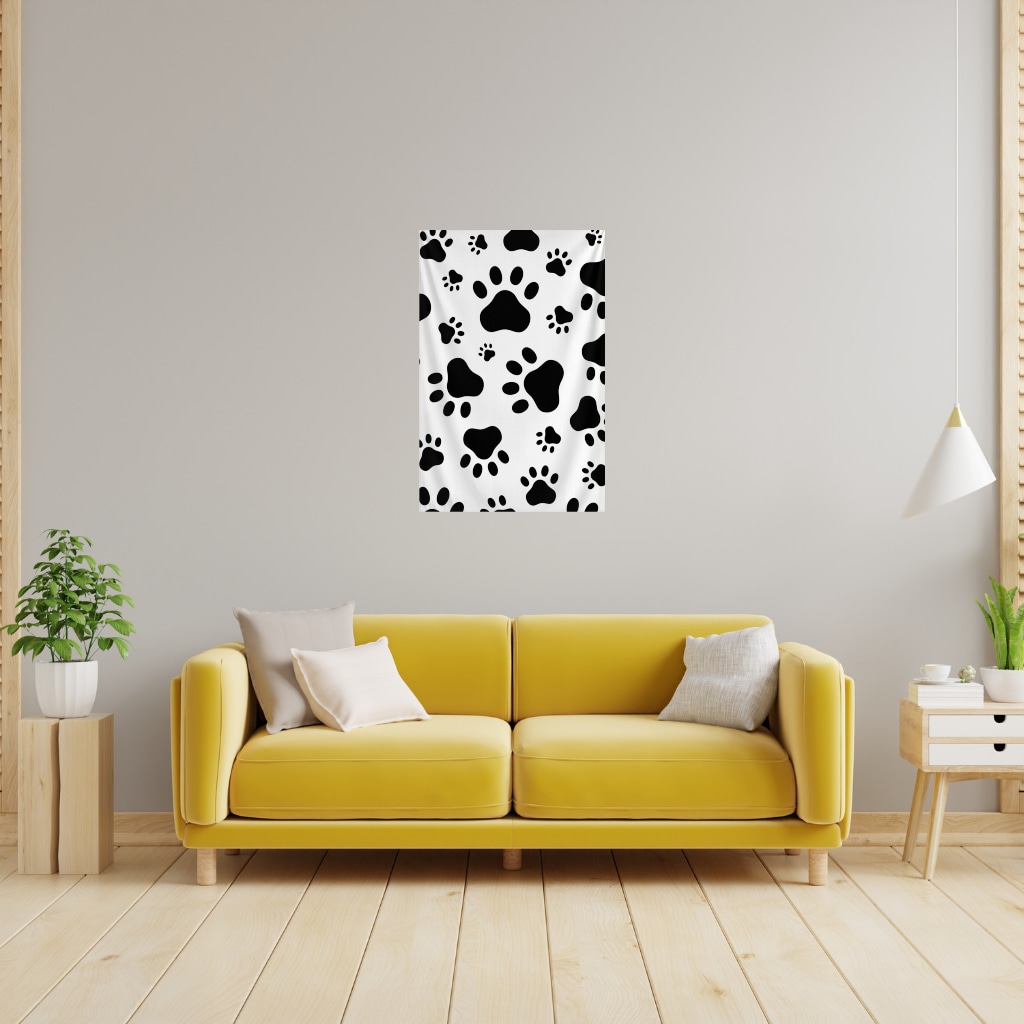 Black and White Paw Pattern Design Wall Tapestry Görünüm 2