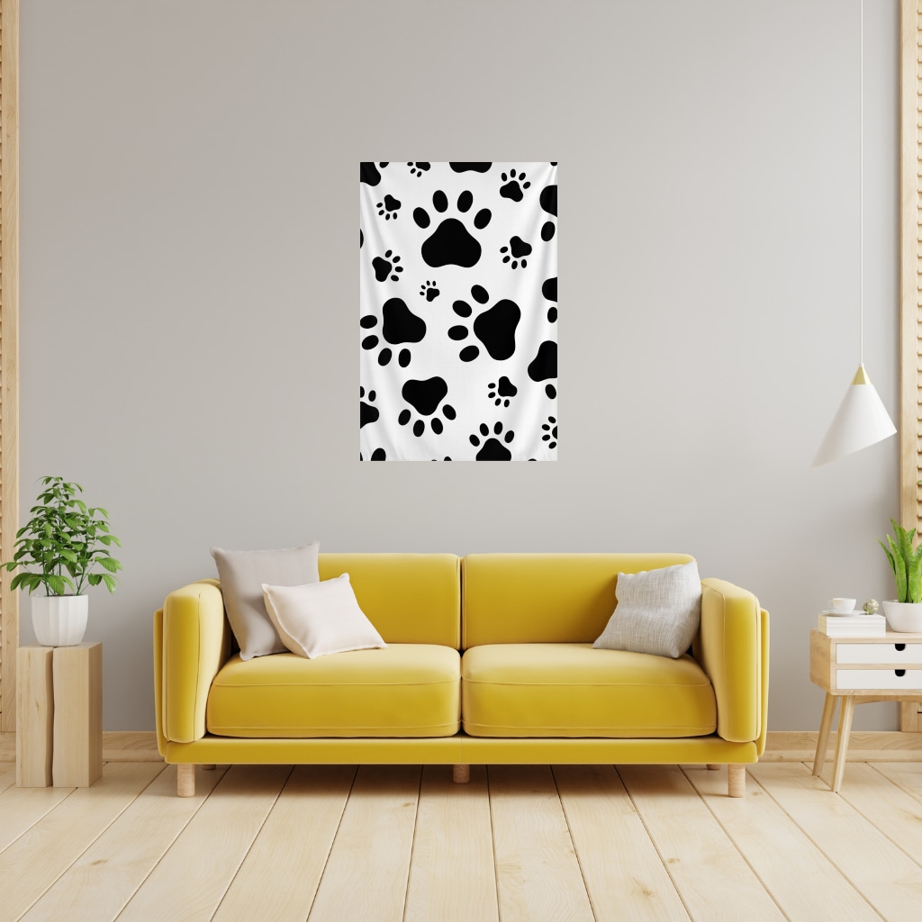 Black and White Paw Pattern Design Wall Tapestry Görünüm 2