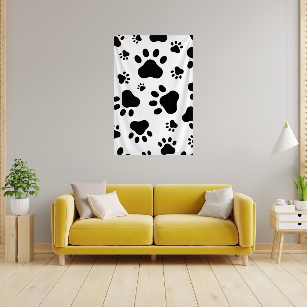 Black and White Paw Pattern Design Wall Tapestry Görünüm 2