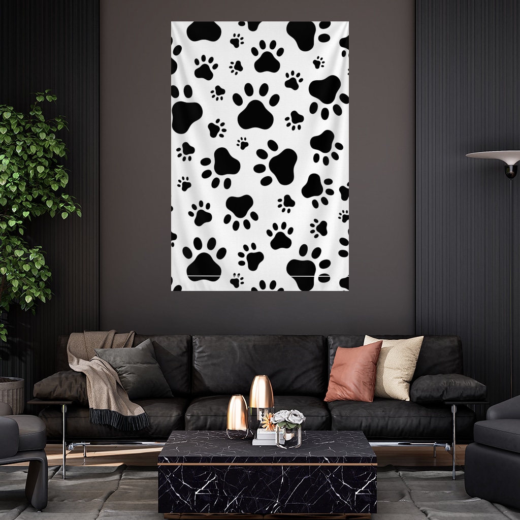 Black and White Paw Pattern Design Wall Tapestry Görünüm 1