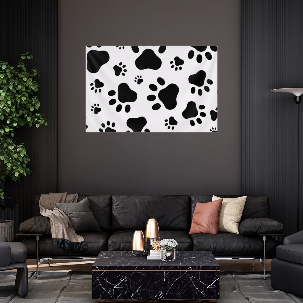 Black and White Paw Pattern Design Wall Tapestry Görünüm 1
