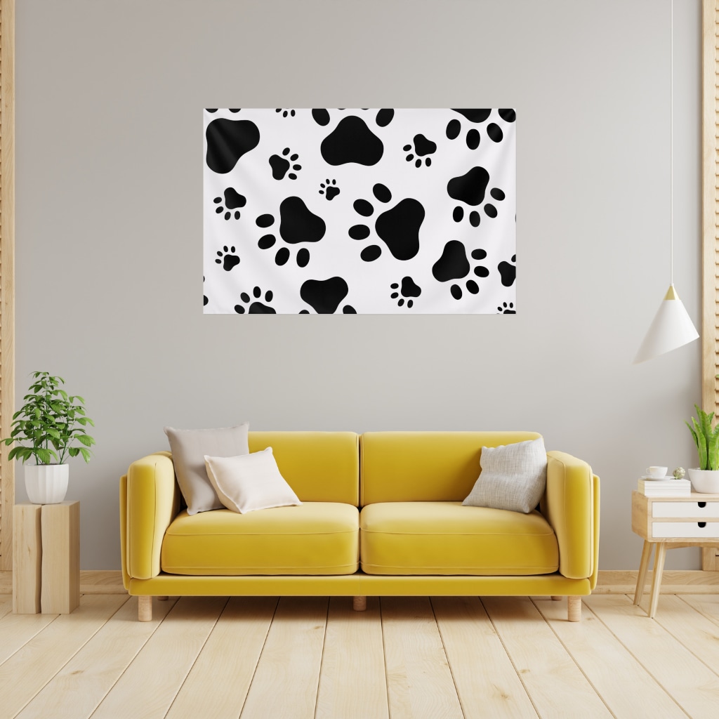 Black and White Paw Pattern Design Wall Tapestry Görünüm 2