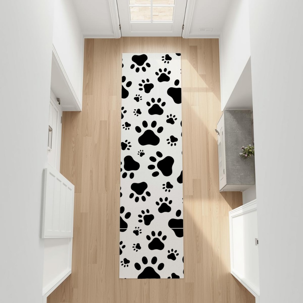 Black and White Paw Pattern Design Hallway & Entryway Rug Görünüm 1