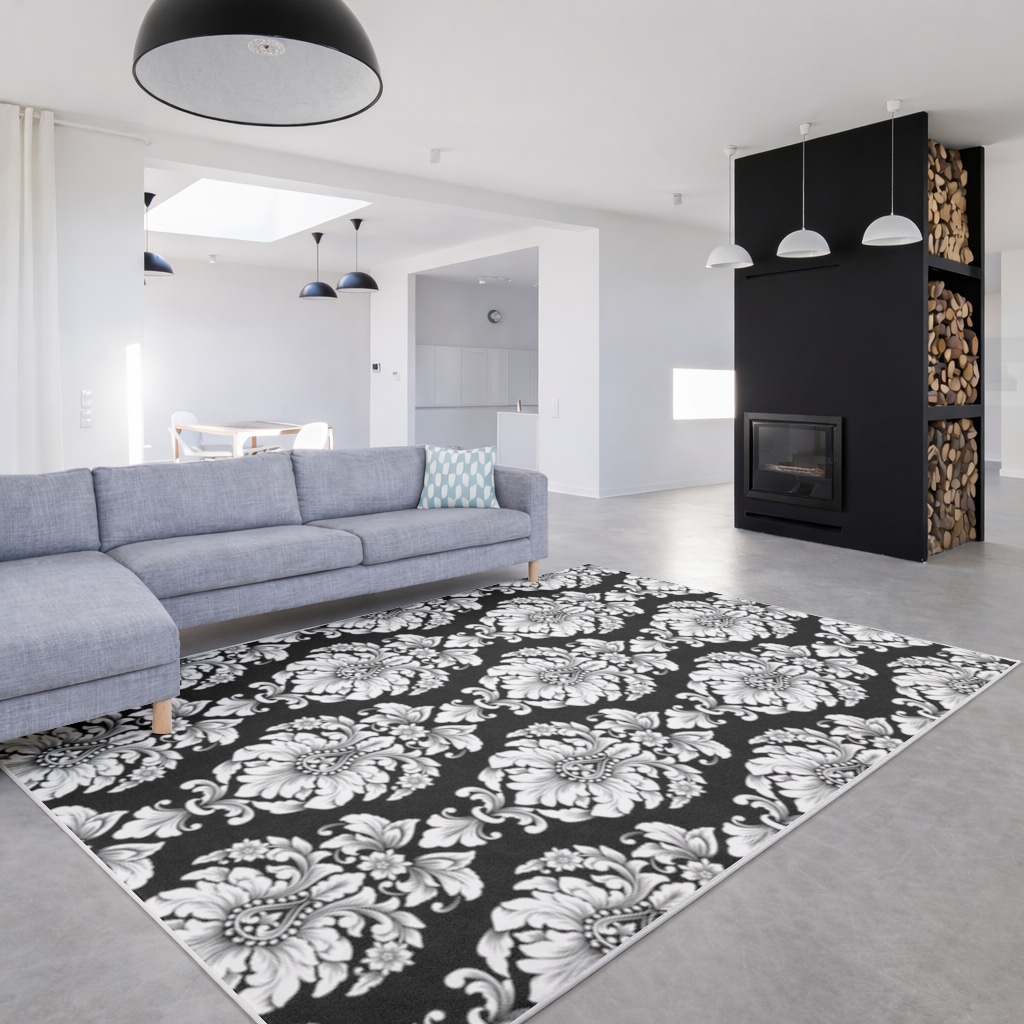 Elegant Black and White Damask Seamless Pattern Living room carpet Görünüm 1