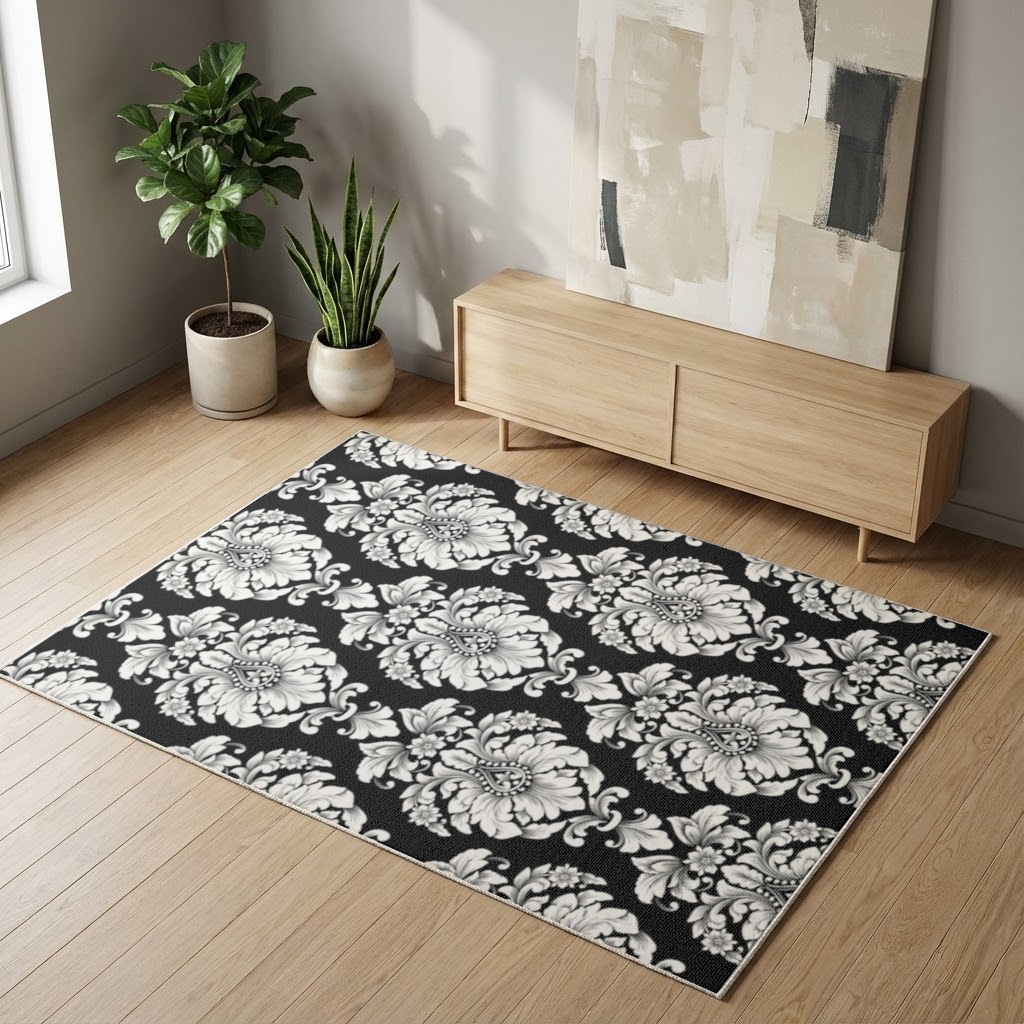 Elegant Black and White Damask Seamless Pattern Living room carpet Görünüm 2