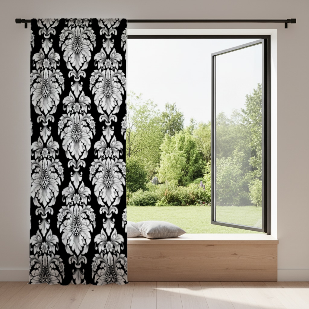 Elegant Black and White Damask Seamless Pattern Drapes Görünüm 4