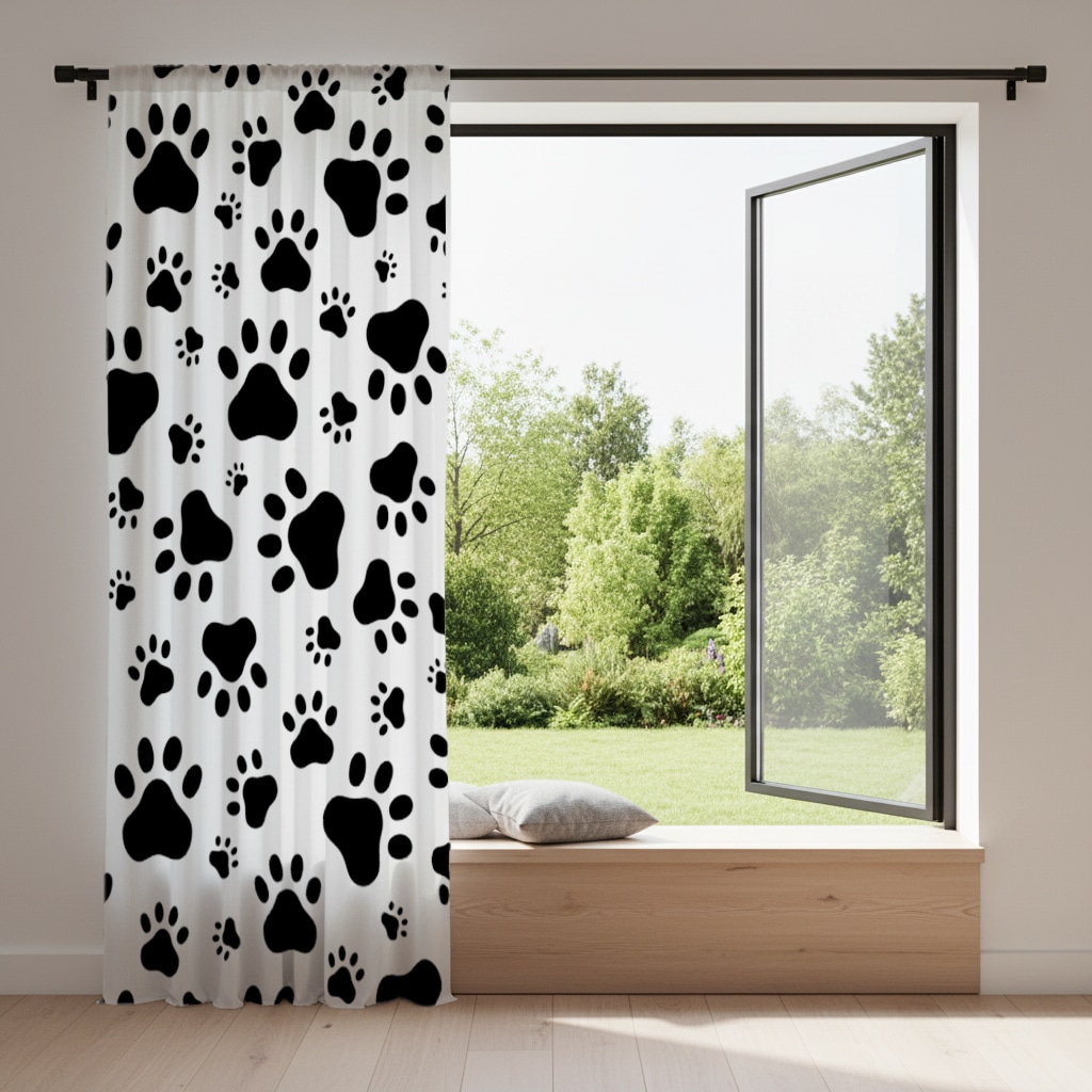 Black and White Paw Pattern Design Drapes Görünüm 2