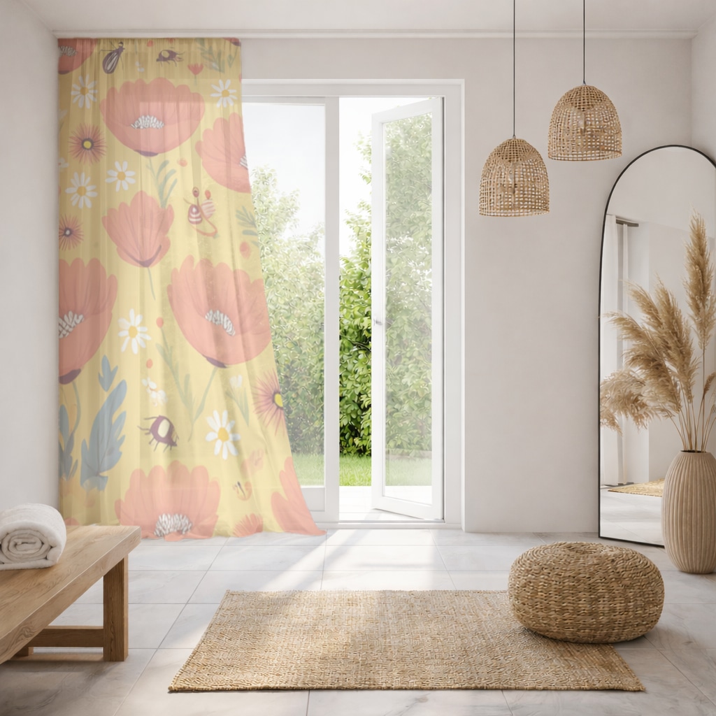 Floral  Insect Pattern  Colorful Design Sheer Curtain Görünüm 4
