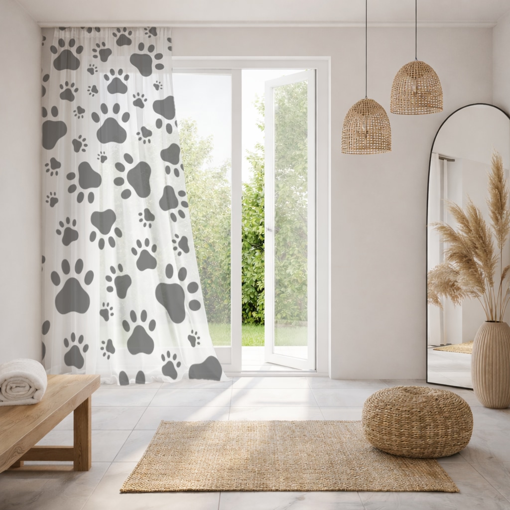 Black and White Paw Pattern Design Sheer Curtain Görünüm 3