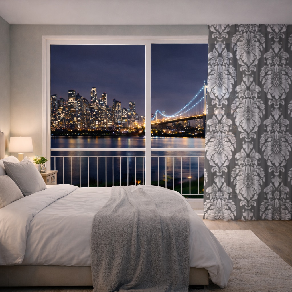 Elegant Black and White Damask Seamless Pattern Sheer Curtain Görünüm 1