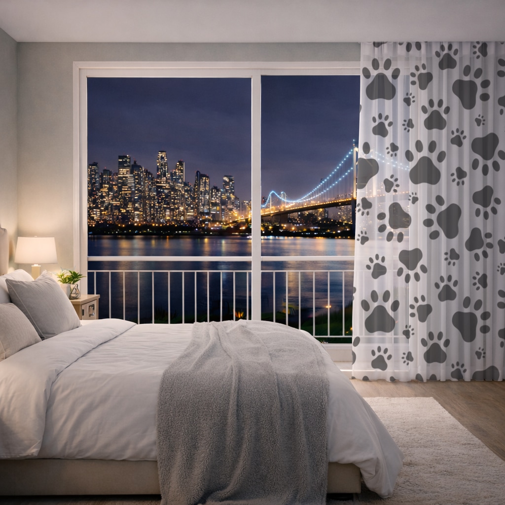 Black and White Paw Pattern Design Sheer Curtain Görünüm 1