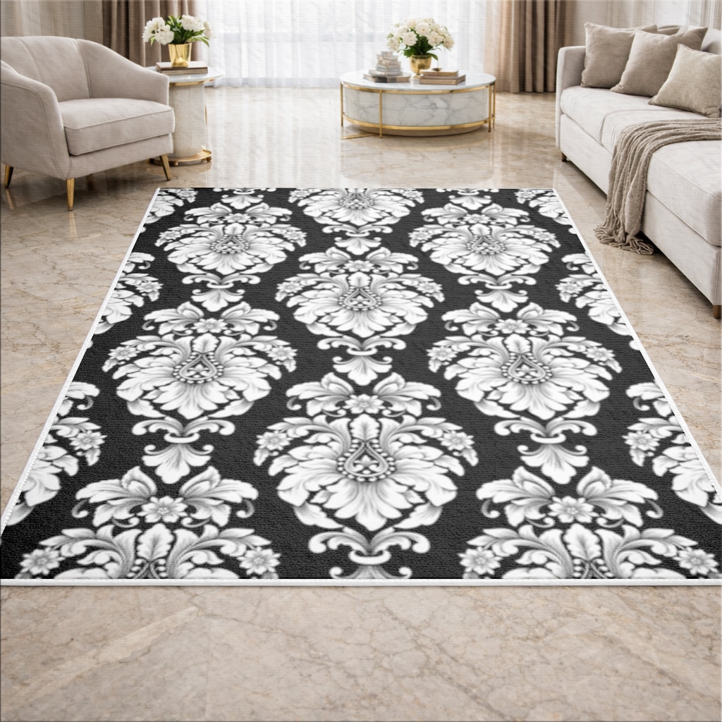 Elegant Black and White Damask Seamless Pattern Living room carpet Görünüm 1