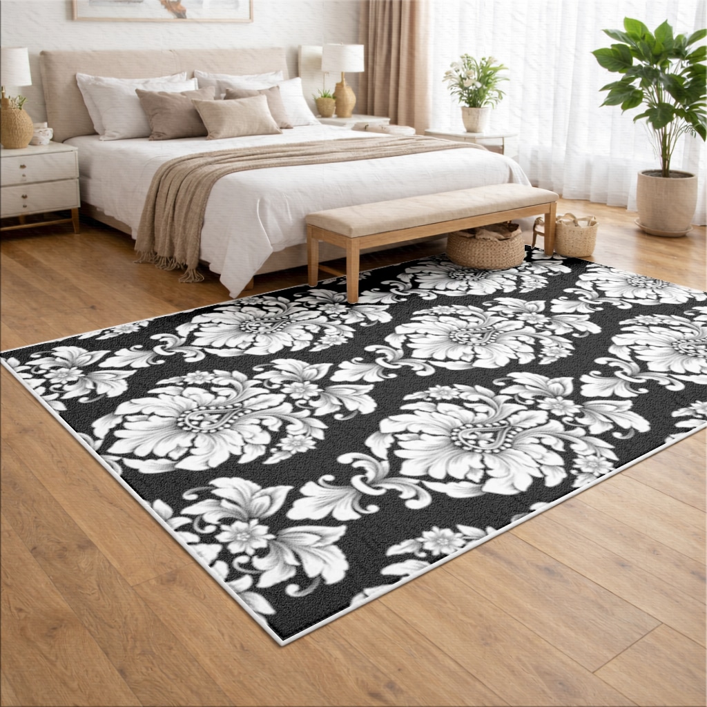 Elegant Black and White Damask Seamless Pattern Living room carpet Görünüm 1
