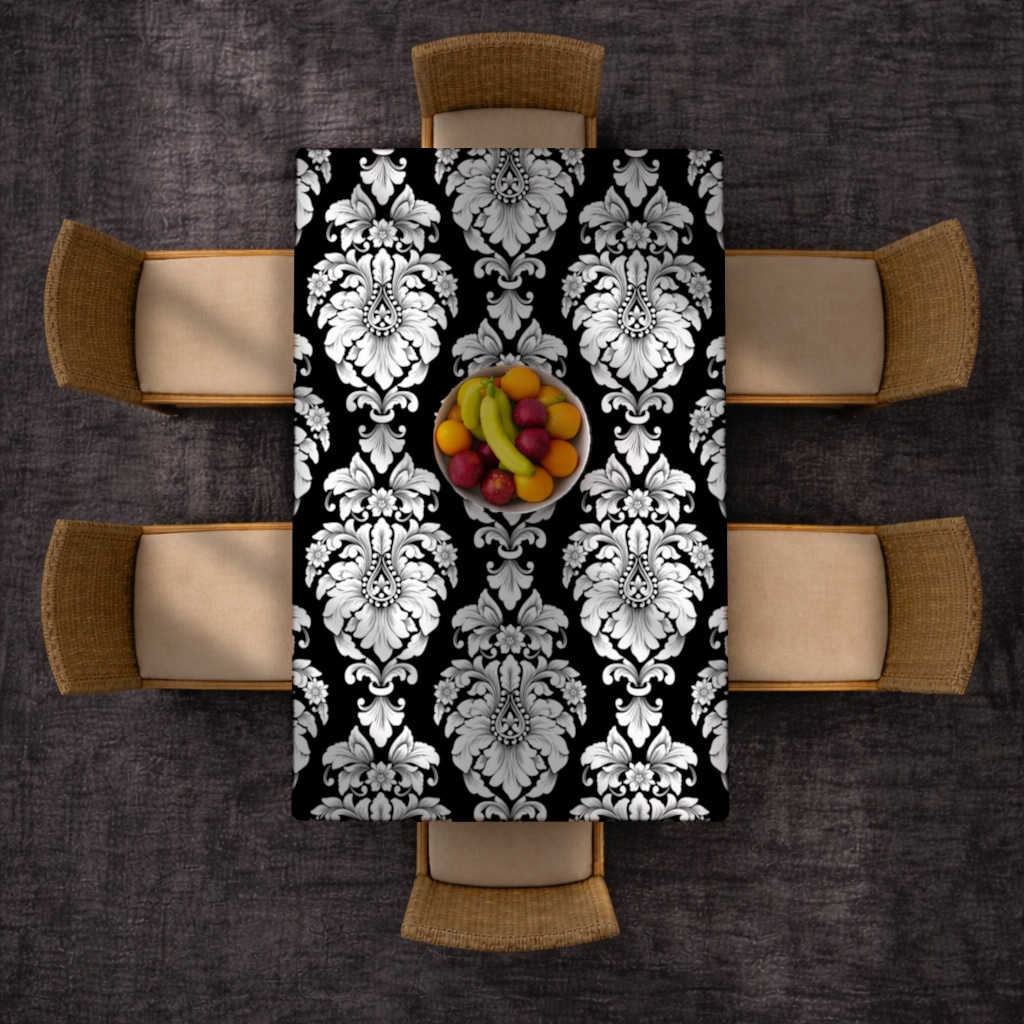 Elegant Black and White Damask Seamless Pattern Rectangular Tablecloth Görünüm 1