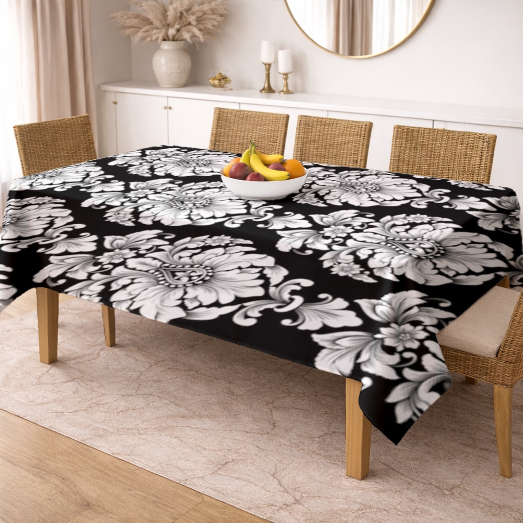 Elegant Black and White Damask Seamless Pattern Rectangular Tablecloth Görünüm 2