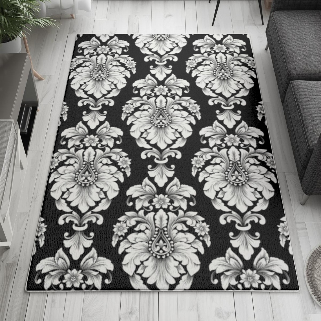 Elegant Black and White Damask Seamless Pattern Living room carpet Görünüm 1