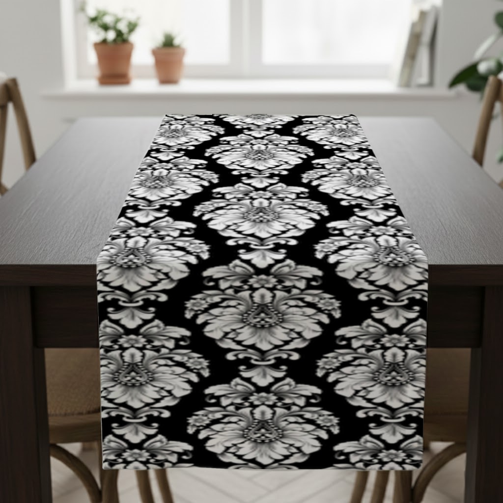 Elegant Black and White Damask Seamless Pattern Runner Görünüm 1