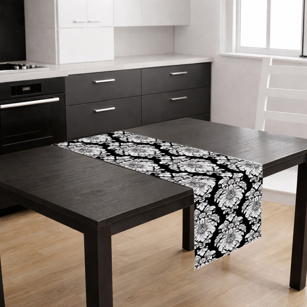 Elegant Black and White Damask Seamless Pattern Runner Görünüm 2