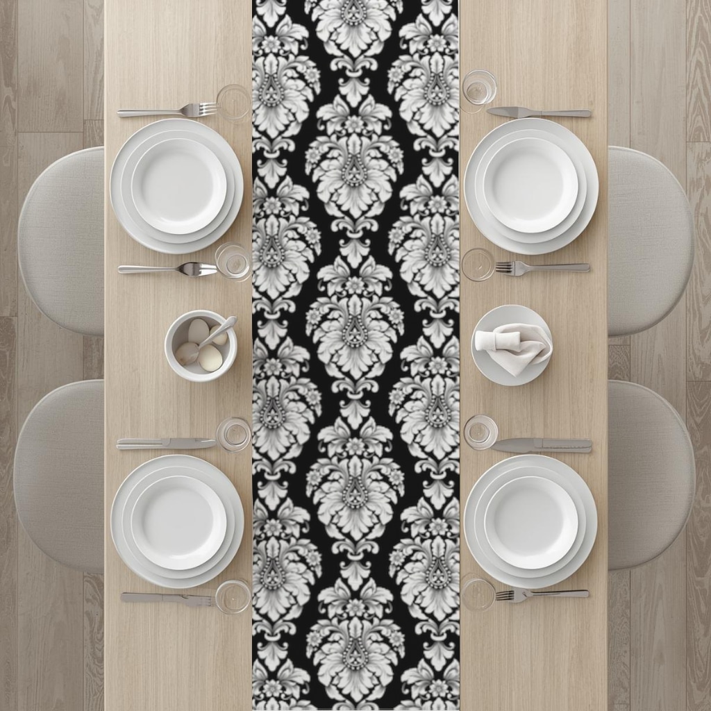 Elegant Black and White Damask Seamless Pattern Runner Görünüm 3