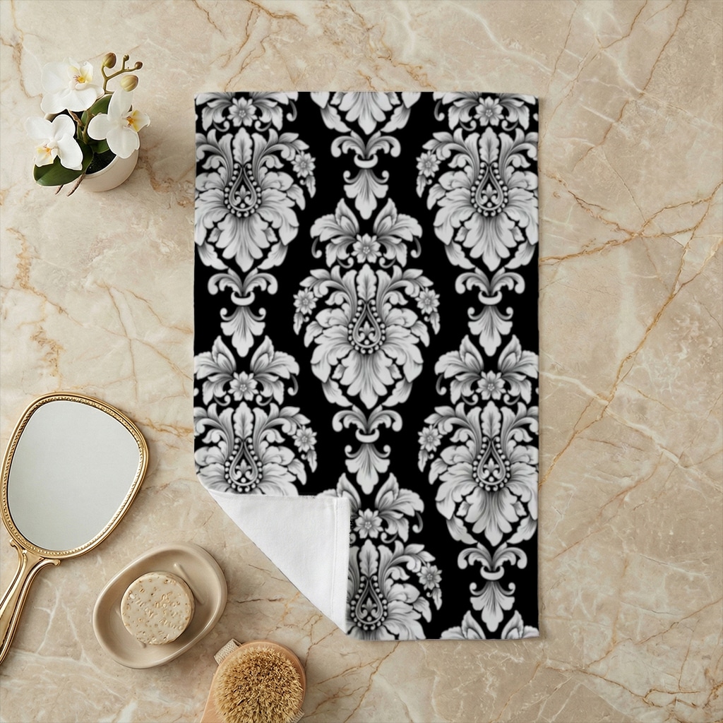 Elegant Black and White Damask Seamless Pattern Hand Towel Görünüm 1