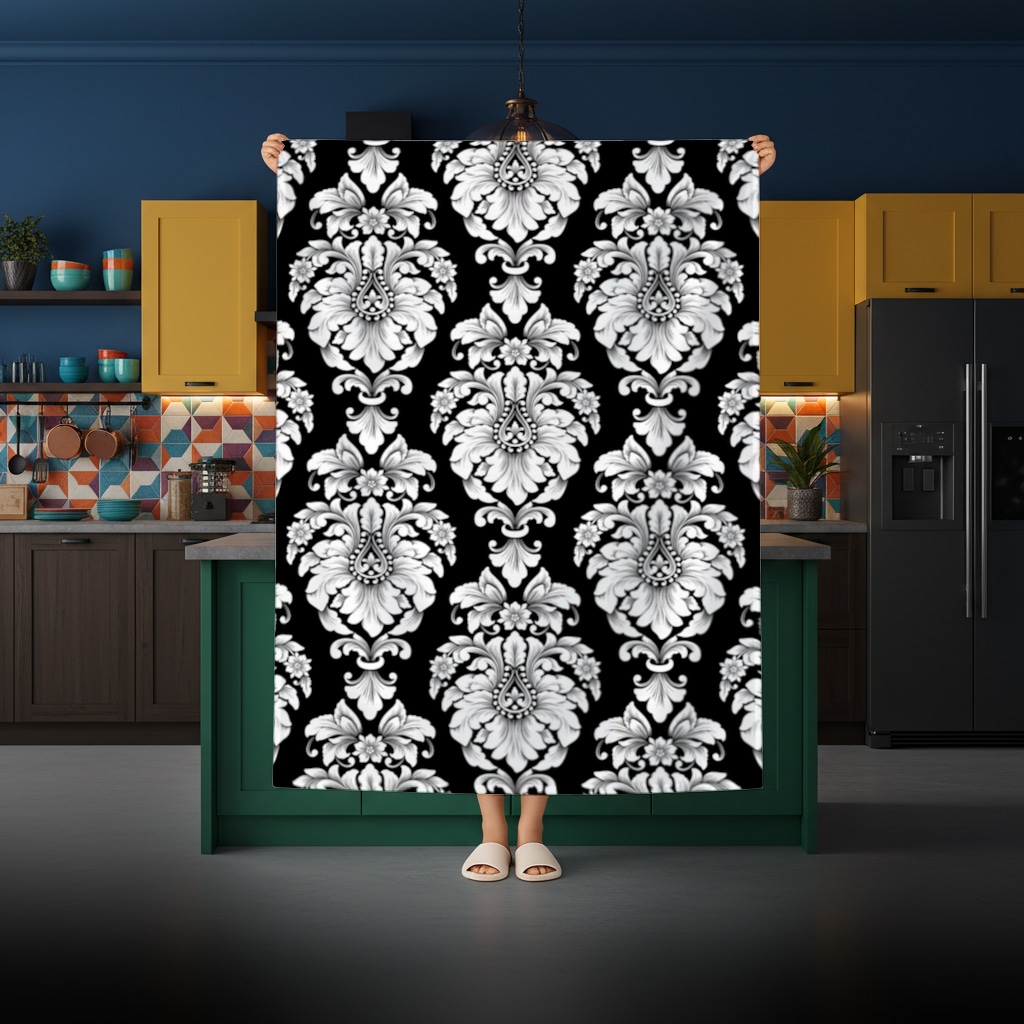 Elegant Black and White Damask Seamless Pattern Rectangular Tablecloth Görünüm 3