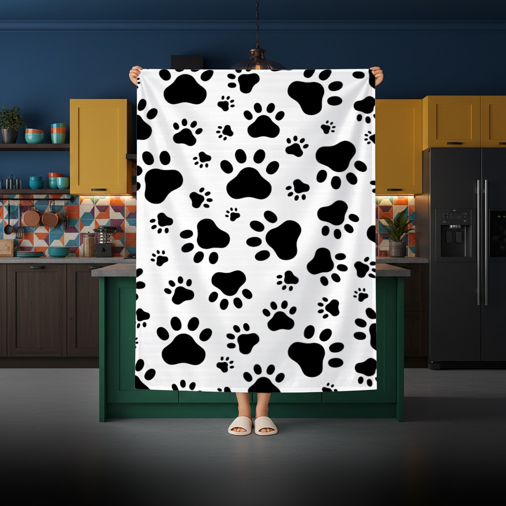 Black and White Paw Pattern Design Rectangular Tablecloth Görünüm 1