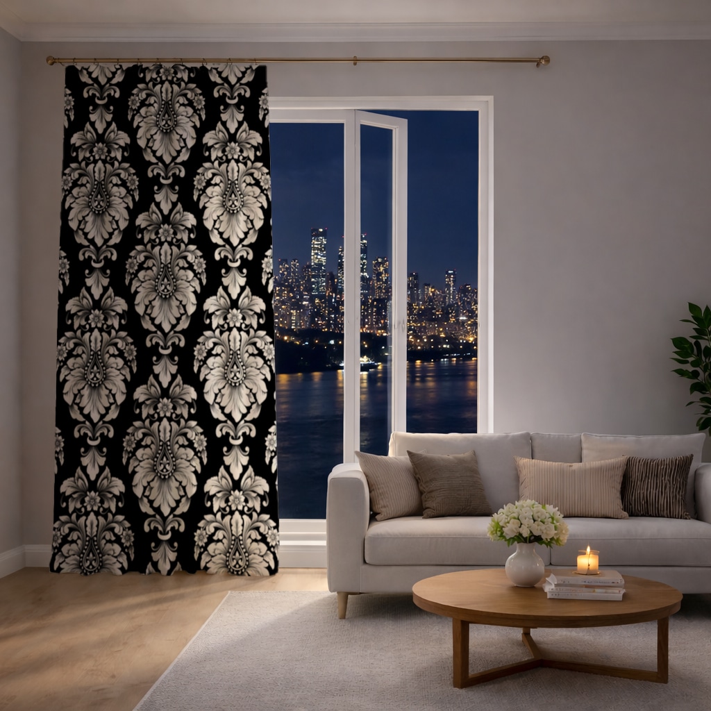 Elegant Black and White Damask Seamless Pattern Drapes Görünüm 2