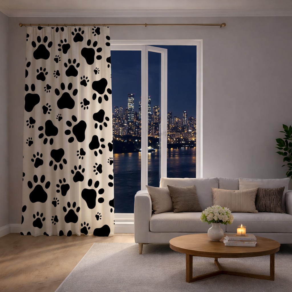 Black and White Paw Pattern Design Drapes Görünüm 3