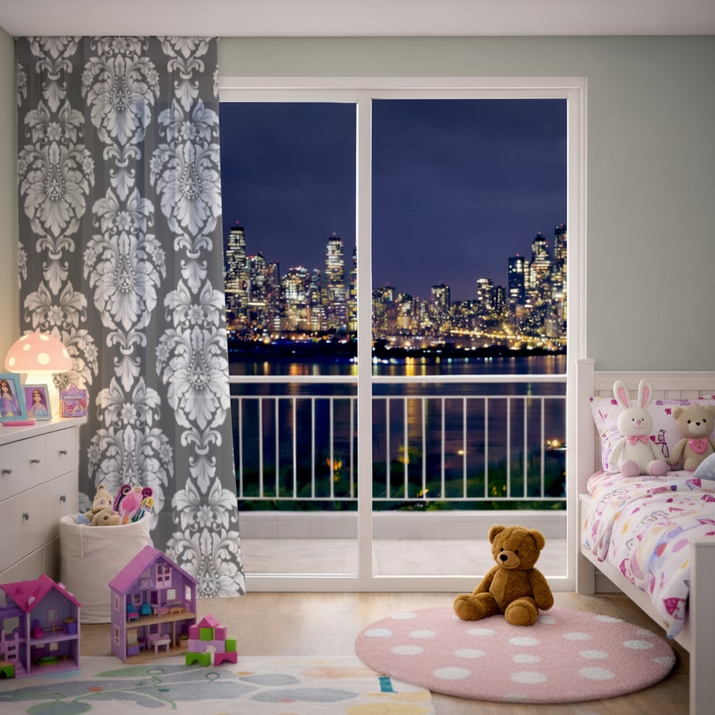 Elegant Black and White Damask Seamless Pattern Sheer Curtain Görünüm 3