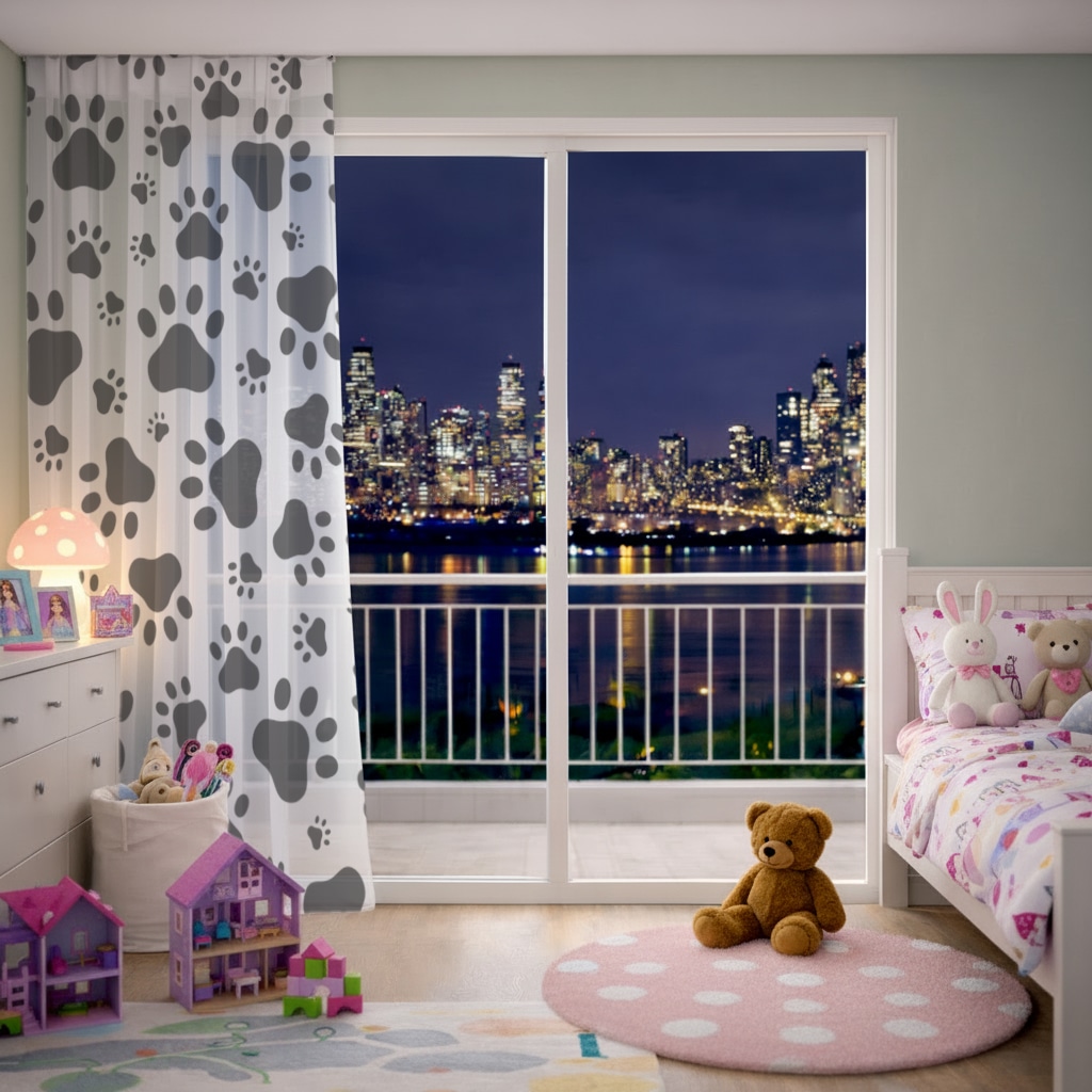 Black and White Paw Pattern Design Sheer Curtain Görünüm 5