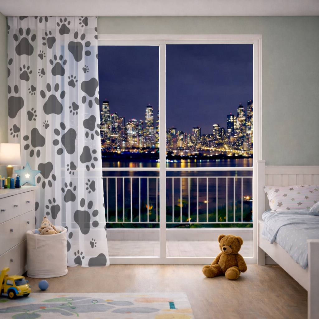 Black and White Paw Pattern Design Sheer Curtain Görünüm 4